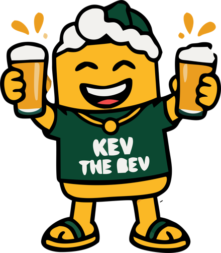 Kev the Bev, the Panic Buy mascot, raising two pints